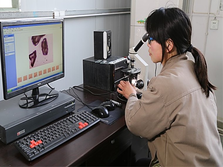 Technician examining diamond powder under an optical microscope